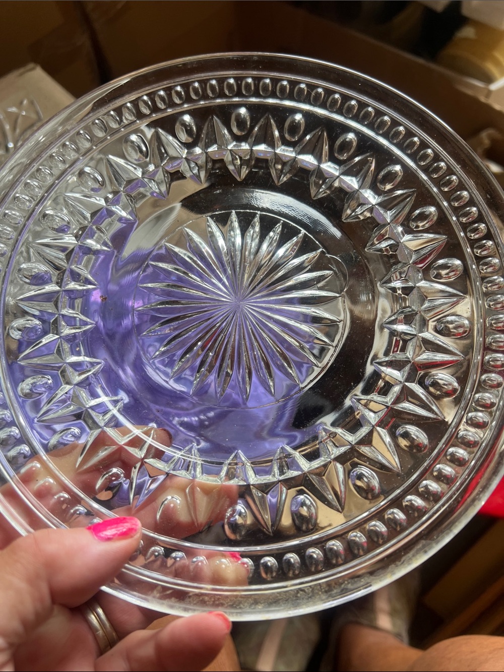 Indiana Glass Clear Pressed Glass Dessert Plate with Starburst Motif